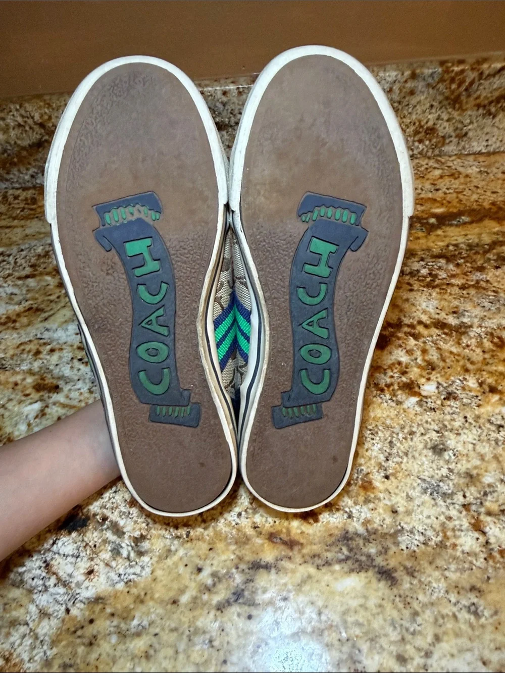Coach Tan Signature Canvas Slip-On Sneakers with Green & Navy Accents